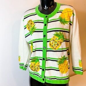 Vintage Pineapple Cardigan Beaded Striped Knit Medium